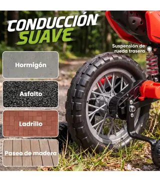 Moto Eléctrica Niños 12V con 2 Ruedas Auxiliares Desmontables 2 Motores Suspensión Trasera 3 km/h 3-6 Años Rojo