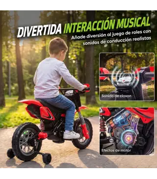 Moto Eléctrica Niños 12V con 2 Ruedas Auxiliares Desmontables 2 Motores Suspensión Trasera 3 km/h 3-6 Años Rojo