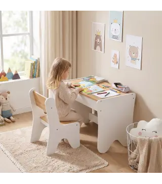 Juego de Mesa Infantil con Silla con Cajón Mesa y Silla Infantil Montessori 3 a 8 Años Blanco y Madera Natural