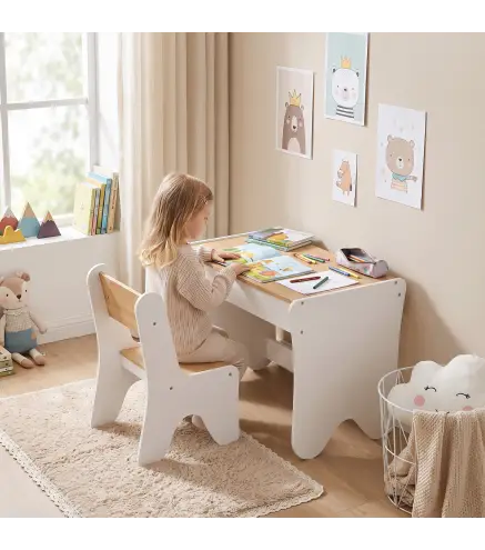 Juego de Mesa Infantil con Silla con Cajón Mesa y Silla Infantil Montessori 3 a 8 Años Blanco y Madera Natural