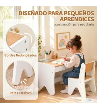 Juego de Mesa Infantil con Silla con Cajón Mesa y Silla Infantil Montessori 3 a 8 Años Blanco y Madera Natural
