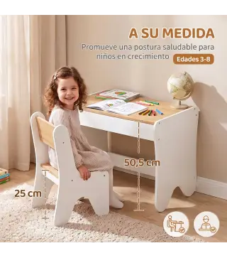 Juego de Mesa Infantil con Silla con Cajón Mesa y Silla Infantil Montessori 3 a 8 Años Blanco y Madera Natural