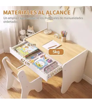 Juego de Mesa Infantil con Silla con Cajón Mesa y Silla Infantil Montessori 3 a 8 Años Blanco y Madera Natural