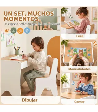 Juego de Mesa Infantil con Silla con Cajón Mesa y Silla Infantil Montessori 3 a 8 Años Blanco y Madera Natural