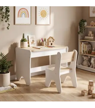 Juego de Mesa Infantil con Silla con Cajón Mesa y Silla Infantil Montessori 3 a 8 Años Blanco y Madera Natural