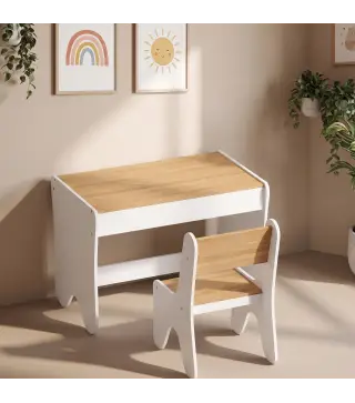 Juego de Mesa Infantil con Silla con Cajón Mesa y Silla Infantil Montessori 3 a 8 Años Blanco y Madera Natural
