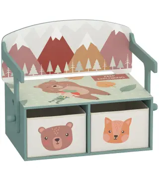 Banco Infantil Convertible 3 en 1 Juego de Mesa y Silla Baúl de Juguetes con 2 Cajones de Tela 3-6 Años Verde
