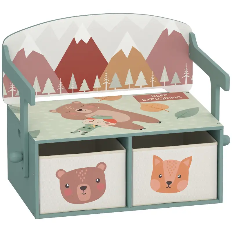 Banco Infantil Convertible 3 en 1 Juego de Mesa y Silla Baúl de Juguetes con 2 Cajones de Tela 3-6 Años Verde