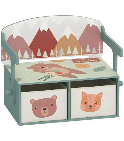 Banco Infantil Convertible 3 en 1 Juego de Mesa y Silla Baúl de Juguetes con 2 Cajones de Tela 3-6 Años Verde