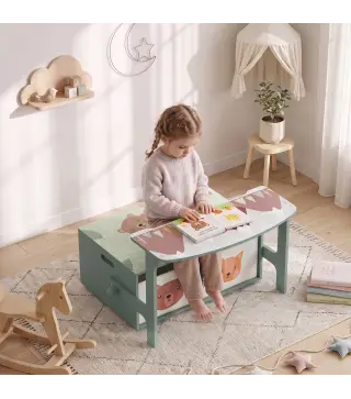 Banco Infantil Convertible 3 en 1 Juego de Mesa y Silla Baúl de Juguetes con 2 Cajones de Tela 3-6 Años Verde
