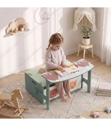 Banco Infantil Convertible 3 en 1 Juego de Mesa y Silla Baúl de Juguetes con 2 Cajones de Tela 3-6 Años Verde