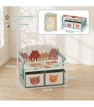 Banco Infantil Convertible 3 en 1 Juego de Mesa y Silla Baúl de Juguetes con 2 Cajones de Tela 3-6 Años Verde