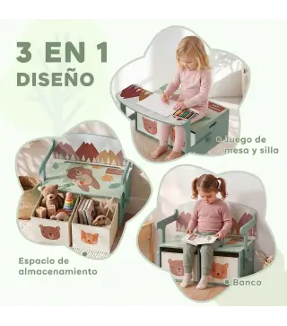 Banco Infantil Convertible 3 en 1 Juego de Mesa y Silla Baúl de Juguetes con 2 Cajones de Tela 3-6 Años Verde