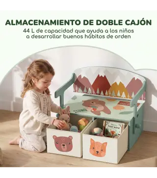 Banco Infantil Convertible 3 en 1 Juego de Mesa y Silla Baúl de Juguetes con 2 Cajones de Tela 3-6 Años Verde