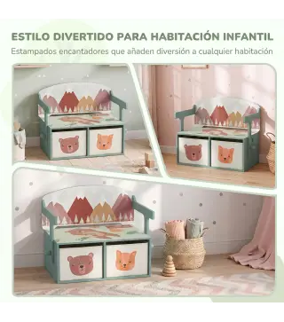 Banco Infantil Convertible 3 en 1 Juego de Mesa y Silla Baúl de Juguetes con 2 Cajones de Tela 3-6 Años Verde