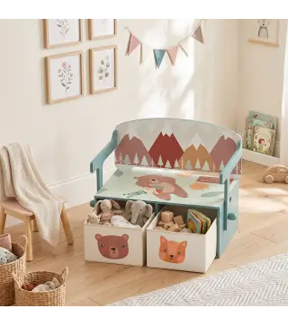 Banco Infantil Convertible 3 en 1 Juego de Mesa y Silla Baúl de Juguetes con 2 Cajones de Tela 3-6 Años Verde