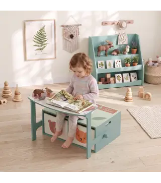Banco Infantil Convertible 3 en 1 Juego de Mesa y Silla Baúl de Juguetes con 2 Cajones de Tela 3-6 Años Verde