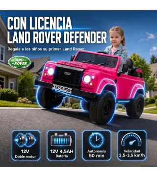 Coche Eléctrico Niños 12V Licencia Land Rover Defender Control Remoto 2,4G 2 Motores Arranque Suave Faros +3 Años Rosa