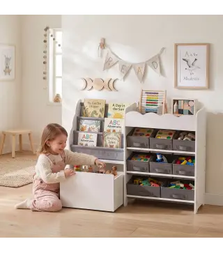 Estantería Infantil Juguetes con 8 Cestas de Tela Cajón con Ruedas Librería Estante Abierto 3-8 Años 109x30x80cm Blanco