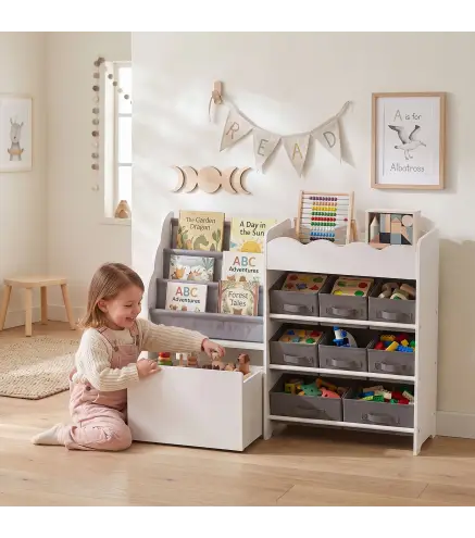 Estantería Infantil Juguetes con 8 Cestas de Tela Cajón con Ruedas Librería Estante Abierto 3-8 Años 109x30x80cm Blanco