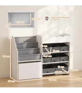 Estantería Infantil Juguetes con 8 Cestas de Tela Cajón con Ruedas Librería Estante Abierto 3-8 Años 109x30x80cm Blanco
