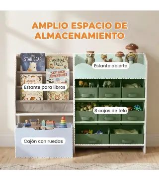 Estantería Infantil Juguetes con 8 Cestas de Tela Cajón con Ruedas Librería Estante Abierto 3-8 Años 109x30x80cm Blanco