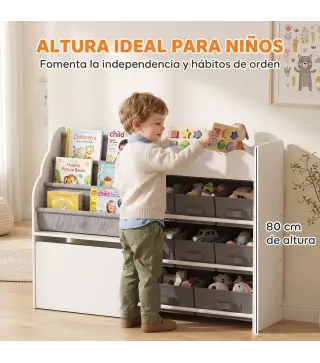 Estantería Infantil Juguetes con 8 Cestas de Tela Cajón con Ruedas Librería Estante Abierto 3-8 Años 109x30x80cm Blanco