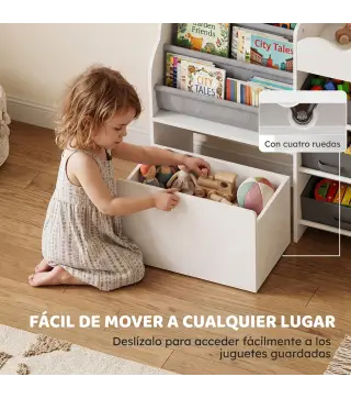 Estantería Infantil Juguetes con 8 Cestas de Tela Cajón con Ruedas Librería Estante Abierto 3-8 Años 109x30x80cm Blanco