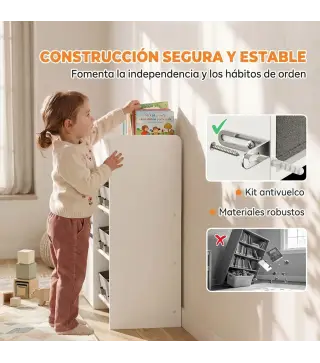 Estantería Infantil Juguetes con 8 Cestas de Tela Cajón con Ruedas Librería Estante Abierto 3-8 Años 109x30x80cm Blanco