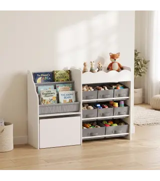 Estantería Infantil Juguetes con 8 Cestas de Tela Cajón con Ruedas Librería Estante Abierto 3-8 Años 109x30x80cm Blanco
