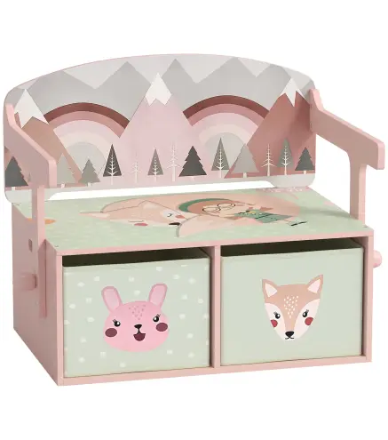 Banco Infantil Convertible 3 en 1 Juego de Mesa y Silla Baúl de Juguetes con 2 Cajones de Tela 3-6 Años Rosa