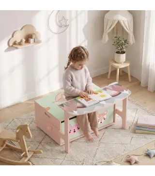 Banco Infantil Convertible 3 en 1 Juego de Mesa y Silla Baúl de Juguetes con 2 Cajones de Tela 3-6 Años Rosa
