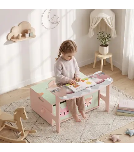 Banco Infantil Convertible 3 en 1 Juego de Mesa y Silla Baúl de Juguetes con 2 Cajones de Tela 3-6 Años Rosa