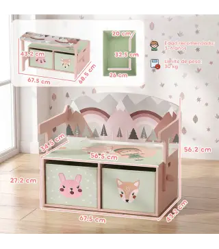 Banco Infantil Convertible 3 en 1 Juego de Mesa y Silla Baúl de Juguetes con 2 Cajones de Tela 3-6 Años Rosa