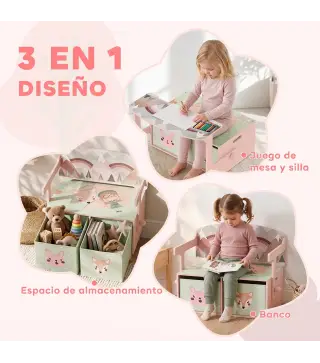 Banco Infantil Convertible 3 en 1 Juego de Mesa y Silla Baúl de Juguetes con 2 Cajones de Tela 3-6 Años Rosa
