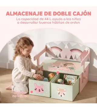 Banco Infantil Convertible 3 en 1 Juego de Mesa y Silla Baúl de Juguetes con 2 Cajones de Tela 3-6 Años Rosa