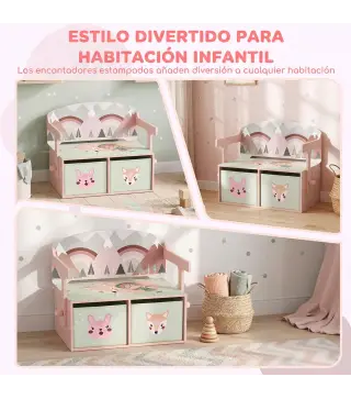 Banco Infantil Convertible 3 en 1 Juego de Mesa y Silla Baúl de Juguetes con 2 Cajones de Tela 3-6 Años Rosa