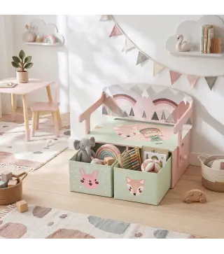 Banco Infantil Convertible 3 en 1 Juego de Mesa y Silla Baúl de Juguetes con 2 Cajones de Tela 3-6 Años Rosa