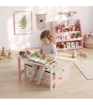 Banco Infantil Convertible 3 en 1 Juego de Mesa y Silla Baúl de Juguetes con 2 Cajones de Tela 3-6 Años Rosa
