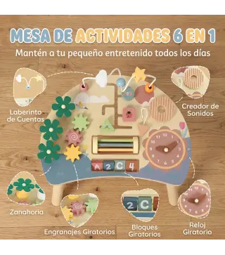 Mesa de Actividades para Bebé 1-3 Años 6 en 1 Montessori con Engranajes Laberinto de Cuentas Reloj Giratorio Zanahorias