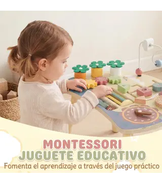 Mesa de Actividades para Bebé 1-3 Años 6 en 1 Montessori con Engranajes Laberinto de Cuentas Reloj Giratorio Zanahorias