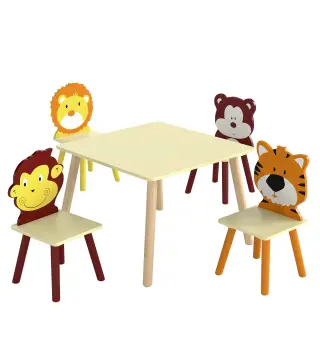 Mesa Infantil con 4 Sillas con Diseños de Animales Juego de Madera 5 Piezas para Niños y Niñas 3-8 Años Amarillo