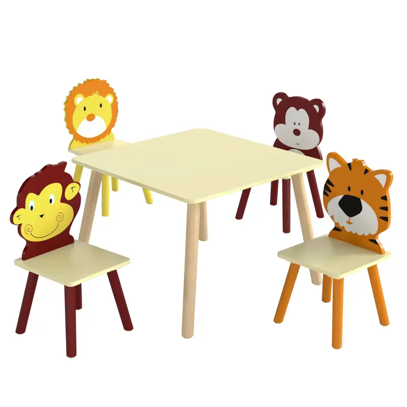 Mesa Infantil con 4 Sillas con Diseños de Animales Juego de Madera 5 Piezas para Niños y Niñas 3-8 Años Amarillo