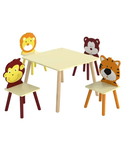 Mesa Infantil con 4 Sillas con Diseños de Animales Juego de Madera 5 Piezas para Niños y Niñas 3-8 Años Amarillo