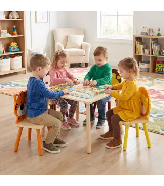 Mesa Infantil con 4 Sillas con Diseños de Animales Juego de Madera 5 Piezas para Niños y Niñas 3-8 Años Amarillo
