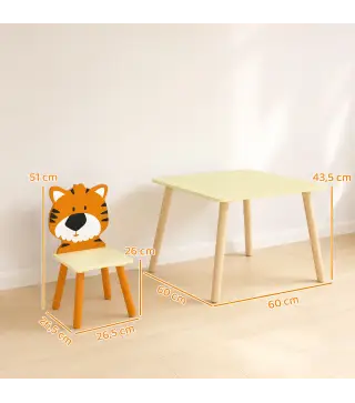 Mesa Infantil con 4 Sillas con Diseños de Animales Juego de Madera 5 Piezas para Niños y Niñas 3-8 Años Amarillo