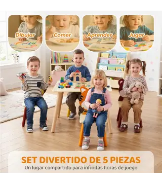 Mesa Infantil con 4 Sillas con Diseños de Animales Juego de Madera 5 Piezas para Niños y Niñas 3-8 Años Amarillo