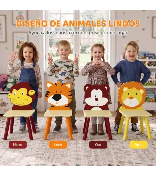 Mesa Infantil con 4 Sillas con Diseños de Animales Juego de Madera 5 Piezas para Niños y Niñas 3-8 Años Amarillo