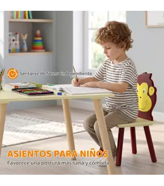 Mesa Infantil con 4 Sillas con Diseños de Animales Juego de Madera 5 Piezas para Niños y Niñas 3-8 Años Amarillo