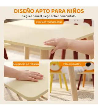 Mesa Infantil con 4 Sillas con Diseños de Animales Juego de Madera 5 Piezas para Niños y Niñas 3-8 Años Amarillo